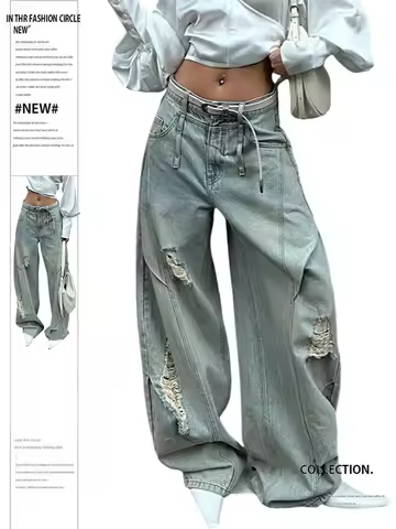 2025 Autumn Winter Women's Ripped Denim Pants Y2K Men Wide Fit Baggy Jean Japanese Harajuku Jean Pun