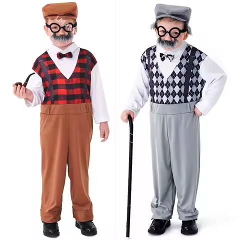 Old Timer Child Old Man Grandpa Costume Kit for Boys Kids Child Long Sleeve 2-4T 4-6Y 6-8Y 8-10Y