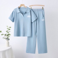 2025 New Trendy Alo Sky Blue Minimalist Knitted Casual Base Polo Shirt Set For Women