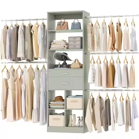 Closet System, 4-8 FT Closet Organizer Tower with 2 Wooden Drawers and Shelves, Can Fit 60 to 96 inc
