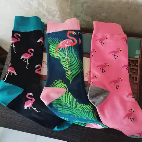 Funny Flamingo Pattern Cotton Men Crew Sock Street Tide Crew Socks Gift Men Husband Cute Street Sock