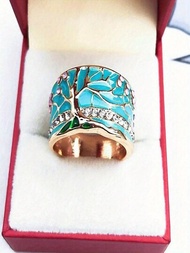 1枚歐式信仰幸運樹戒指,金色,粉色、藍色和綠色彩色琺瑯細節,飾有瑪瑙和鑲有水晶,適用於女性派對和古董珠寶收藏