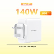 Awei PD21 140W 100w GaN Wall charger 3 Ports PD3.1 Fast Charger USB C power adapter with UK US EU pl