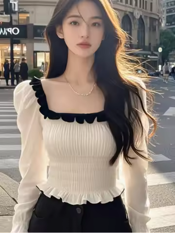 French Design Blouses Ruffles Puff Sleeve Square Collar Pleated Contrast Color Crop Top Spring Shirt