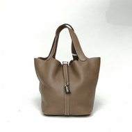 HERMES Picotin22菜籃子大象灰TC皮Y刻銀扣肩背包