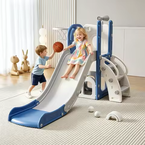 6 in 1 Toddler Slide for 1-3, Indoor Outdoor Playset, Kids Slide with Climber, Basketball Hoop, Stor