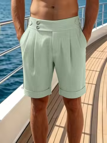 Men Vintage Gurkha Pleated Waffle Shorts Adjustable Side Buckle Cuffed Casual Dress Shorts S-XXL