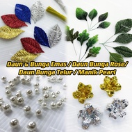 Daun Emas Silver/Daun Bunga Ros/Daun Bunga Telur/Bunga Metallic Hiasan/Manik Pearl/Bunga Emas Silver