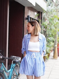 SLAY. Bagel Strip Linen Set เซ็ทเสื้อเชิ้ตและกางเกงขาสั้นผ้าลินิน(ซับในทั้งตัว)