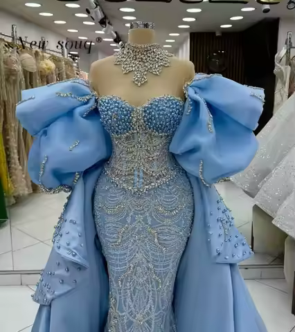 Gorgeous Blue Two-Piece Wedding Evening Dresses with Detachable Tiered Train Customized Dubai Crysta