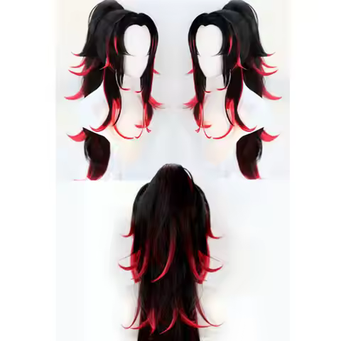 HAIRJOY Synthetic Hair KNY Kokushibo Long Straight Ponytail Red Black Cosplay Wig Party Wigs Hallowe