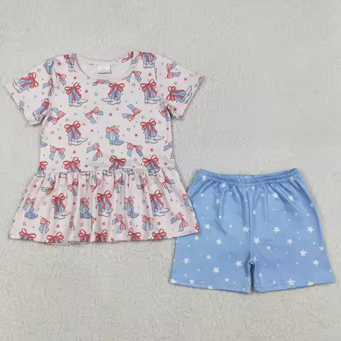 Wholesale Children Clothing Baby Girls Bows Boots Stars Tunic Shorts Western July 4th Clothes Sets G