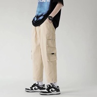 【4-colour】【Cotton】Kargo Multi Pocket Straight Cut Loose Cargo Cropped Pants Men Oversized Fashion Bl