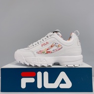 FILA DISRUPTOR II Girls White Flower Daddy Shoes Sawtooth Thick-Soled Leather Sports Casual 5-C111Y-155