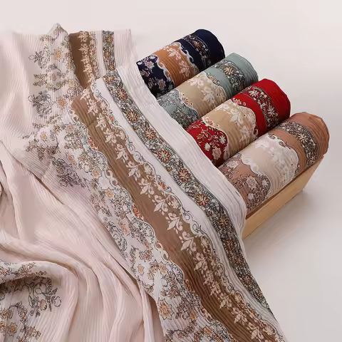 Turkish Style Vintage Floral Print Crinkle Hijab Breathable Soft Shawl For Muslim Ladies Daily Head 