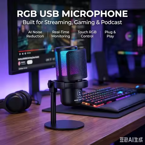 USB Microphone for PC Condenser Podcast Mic for Studio Recording with Headphone Jack, Led, Noise Can