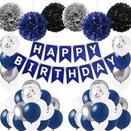 COLOUR MAGIC Navy Blue and Silver Birthday Decorations with Happy Birthday Banner Latex Balloons Tissue Pompoms Paper Flowers for 1th 18th 20th 21st 30th 40th 50th 60th Birthday Decorations for Men