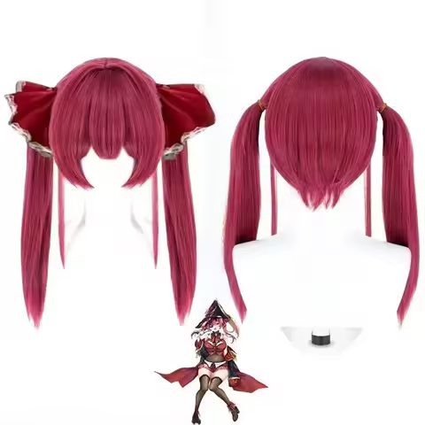 NIJISANJI Houshou Marine Cosplay Wig Wine Red Twin Ponytails Heat Resistant Synthetic Wig With Bow H