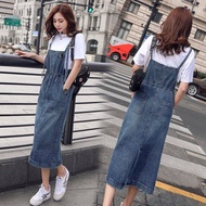 ผู้หญิงใหม่หลวมสายเอี๊ยมยีนส์กระโปรงยาวด้านล่างเข่าขนาดพิเศษ Bib กระโปรงกึ่งสั้นกึ่งยาว