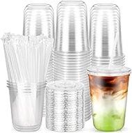 100 Pack Disposable Plastic Cups with Flat Lids and Straws, Clear To Go Coffee Cups for Iced Coffee,
