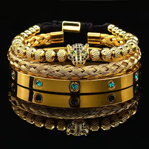 Luxury Black Stone Beads Leopard Head Man Bracelet Enamel Stainless Steel Roman Bangles Women Jewelr