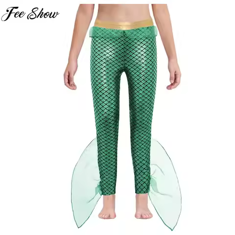 Boys Girls Mermaid Poseidon King of The Sea Cosplay Costume Metallic Shiny Fish Scale Pants Leggings