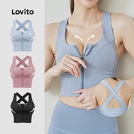 Lovito Sporty Sports Bra Skinfriendly Push Up 4way Stretchy Zipper Blue Sports Bra for Women LNA1290