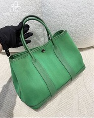 🌈Hermes💚Garden party 30💚竹子綠色帆布拼皮銀扣🌈99新🌟gardenparty30🌟gardenparty🌟花園包🌟愛馬仕🌟