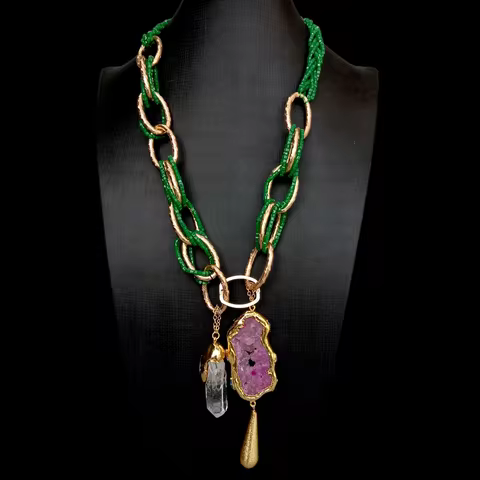 Green Crystal Loop Chain Necklace Fuchsia Agate Slice White Quartz Biwa Pearl Point Pendant 24"