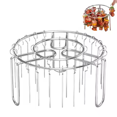 Air Fryer Grill Set: 304 Steel Vertical Grill + 24 Skewers. Grill kabobs evenly indoors/outdoors. Fi