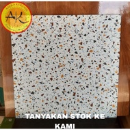 Home- Keramik Lantai Kasar Matt Drop Teras Garasi Motif Terazzo 40x40 Platinum White