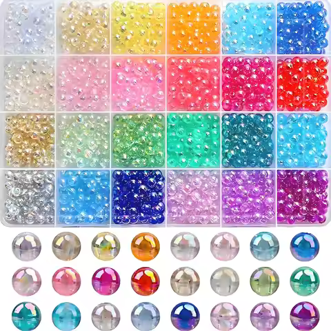 1 box of 6 mm (1200 pieces) 8 mm (480 pieces) transparent round beads, 24 random colors combined pla