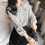 AMMIN 2021ใหม่Retro Retroลายพิมพ์แขนยาวเสื้อผู้หญิงRuffleคอดอกไม้เสื้อลำลองลำลอง