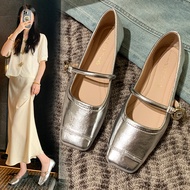 Large Size Women's Shoes (35-45) Wide Fat Feet Silver Mary Jane Shoes 2026 All-Match Comfortable Fla