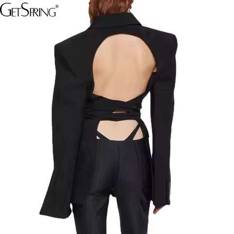 gestring Women Blazer 2024 Autumn Backless Bandage Full Sleeve Ladies Black Blazer Coat Fashion Wome