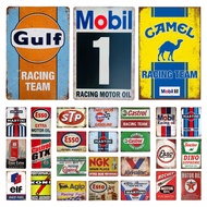 ป้ายโลหะดีบุกโบราณ esso Gulf Castrol agip texaco CAMEL เครื่องตกแต่งฝาผนังน้ำมันรถยนต์สำหรับโรงรถในบ้านบาร์มนุษย์ถ้ำเครื่องตกแต่งฝาผนังคราบจุลินทรีย์