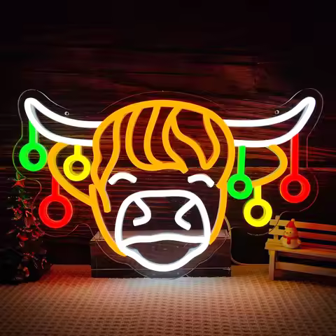 Christmas Cow Neon Sign for Wall Decor Dimmable Switch Neon Christmas Lights Up Sign for Bedroom Kid