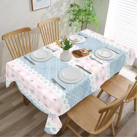 2D Printing 59x59 inches / 150x150 cm Light blue, pink and white checkered tablecloth