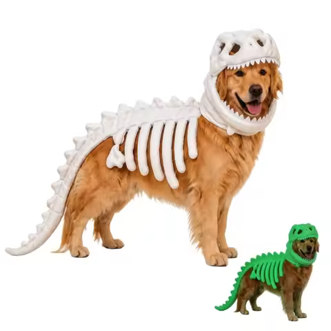Dog Pet Dinosaur Skeleton Costume, Soft Plush Dinosaur Halloween Outfit | 3D Dinosaur Bone Headpiece