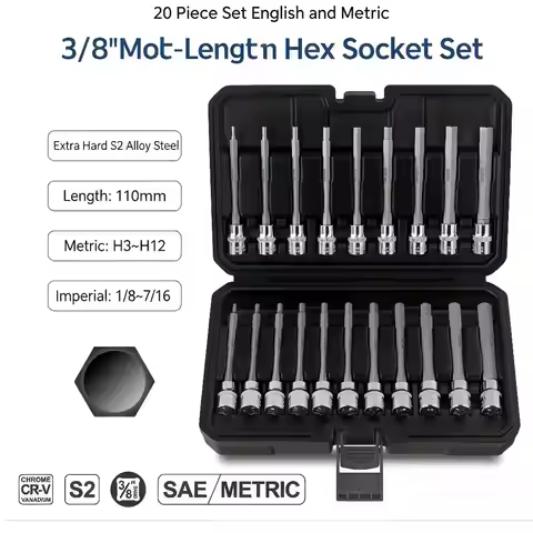 20PCS S2 Alloy Steel Hex Socket Set 3/8" Drive Extra Long Internal Hex Bit 110mm Metric H3-H12 & Imp