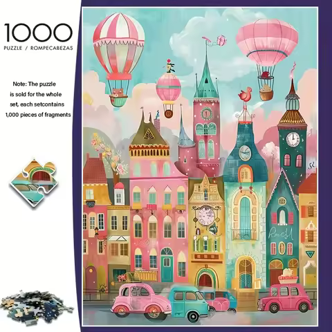 1000pcs Adult Jigsaw Puzzle - Whimsical Hot Air Balloon & European Town Scene, 70x50cm/27.56x19.69in