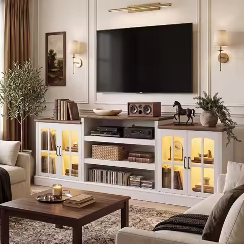 98" Farmhouse TV Stand for 100 Inch TV, Walnut and White