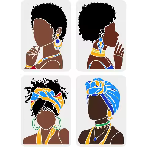 4 Pcs Beauty African Tribal Girl Painting Stencils 11.7x8.3 inch Young Girl Face Silhouette Stencil 