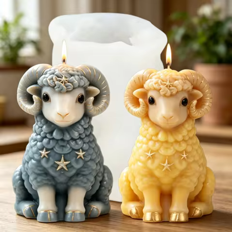 A Little Lamb Silicone Candle Mold Starry Aries Ram Mold Sheep with Star & Gold Lined Craft Mould Fo