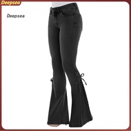 DPA Plus Size Women Vintage Flare Jeans Lace Up Bow Skinny Wide Leg Denim Pants