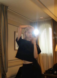 Rose Park Caiying Same Style Black Private Clothes Pure Black T-shirt Women Summer Slimming Sweet Co