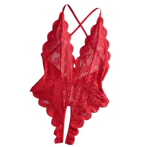 Women One-Piece Lace Lingerie Red Black Deep V Backless Open Design Teddy