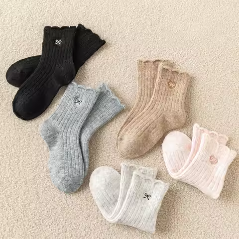 3 Pairs a Lot Winter Girls Sweet In Tube Socks Solid Color Bow Kids Socks Warm Thicken Children Knee