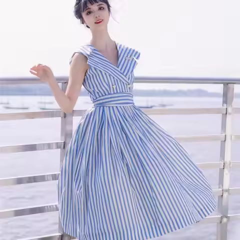 Blue Striped Sea Breeze Nostalgic Dress For Women, Summer Navy Collar, Fashionable Pleated Dress