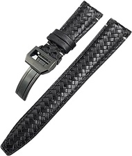 GANYUU Curved End Cowhide Woven Watchband 20mm 21mm 22mm Fit For IWC Portugieser Pilots Genuine Leather Watch Strap (Color : Black Black Buckle, Size : 20mm)